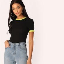 Romwe Neon Yellow Ringer Neck & Cuff Tee