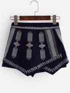 Romwe Navy Embroidered Wrap Shorts