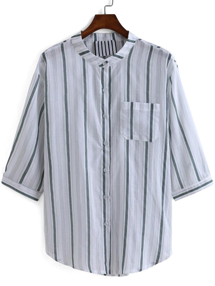Romwe Vertical Striped With Pocket Blouse