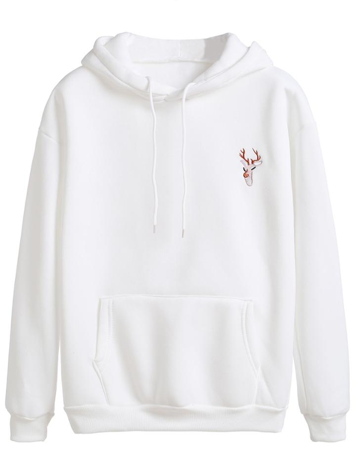 Romwe White Drop Shoulder Elk Embroidered Drawstring Hooded Sweatshirt