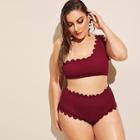 Romwe Plus Scalloped Trim One Shoulder Top With High Waist Bikini