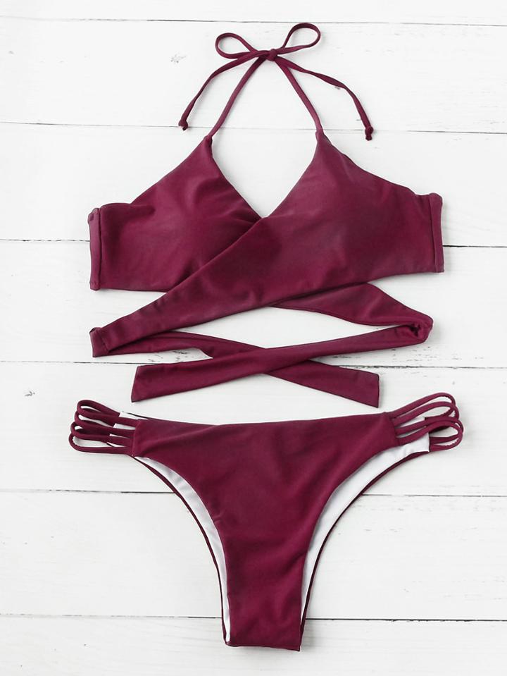 Romwe Ladder Cutout Wrap Bikini Set