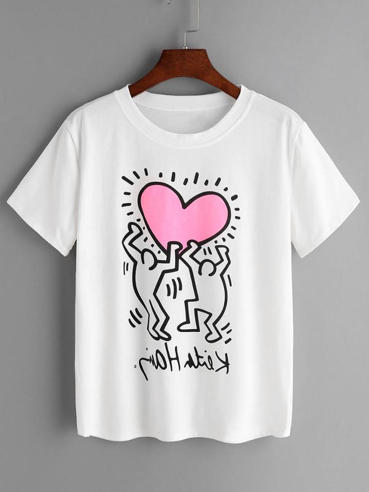 Romwe White Heart Print Crew Neck T-shirt