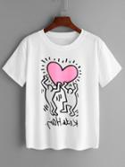 Romwe White Heart Print Crew Neck T-shirt