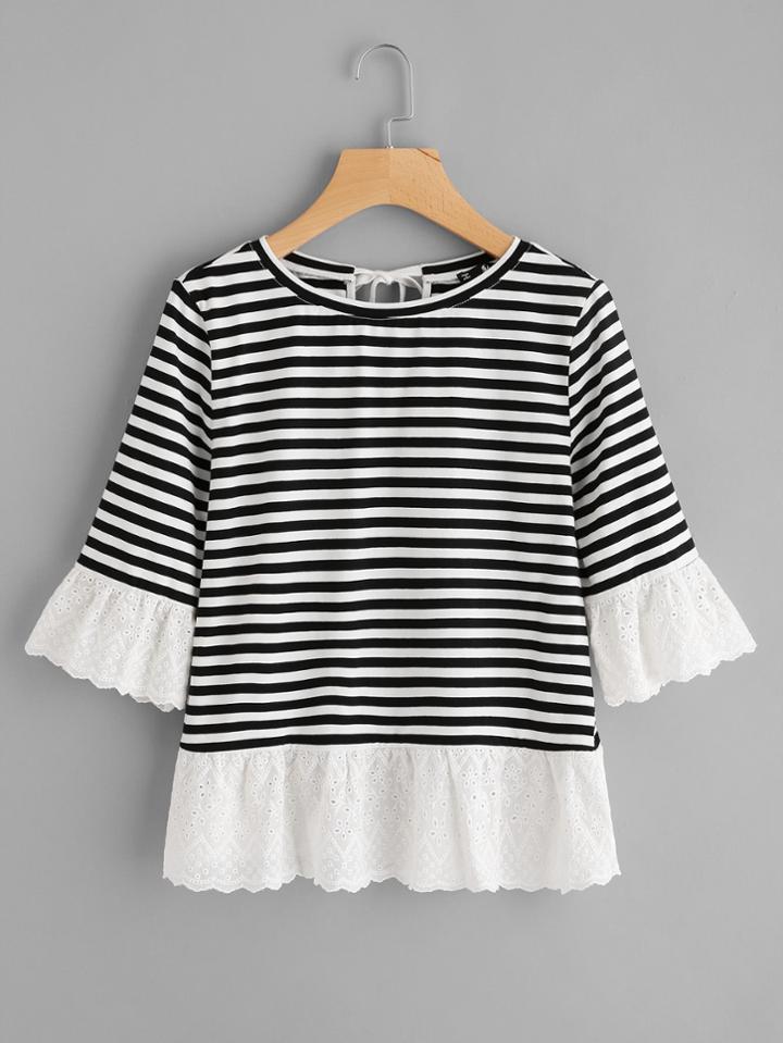 Romwe Eyelet Embroidered Trim Bow Back Stripe Tee