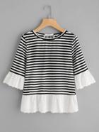 Romwe Eyelet Embroidered Trim Bow Back Stripe Tee
