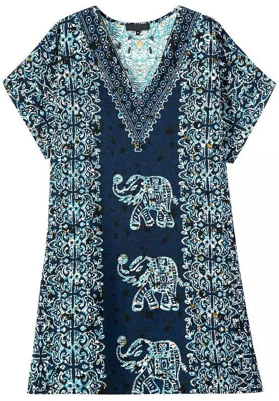 Romwe Navy V Neck Short Sleeve Elephant Print Dress