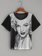 Romwe Black Monroe Print Sheer T-shirt