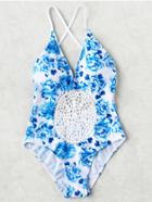 Romwe Flower Print Crochet Detail Plunge Neck One-piece Swimwear