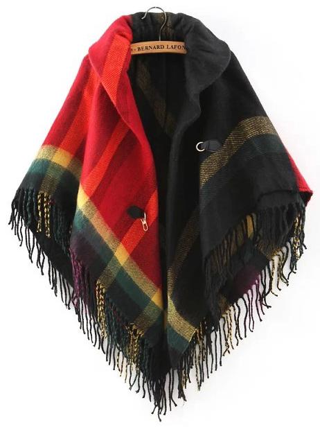 Romwe Lapel Plaid Fringe Cape Coat