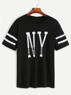 Romwe Black Letters Print Varsity Striped T-shirt