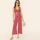 Romwe Tie Front Cut-out Striped Wide Leg Jumpsuit