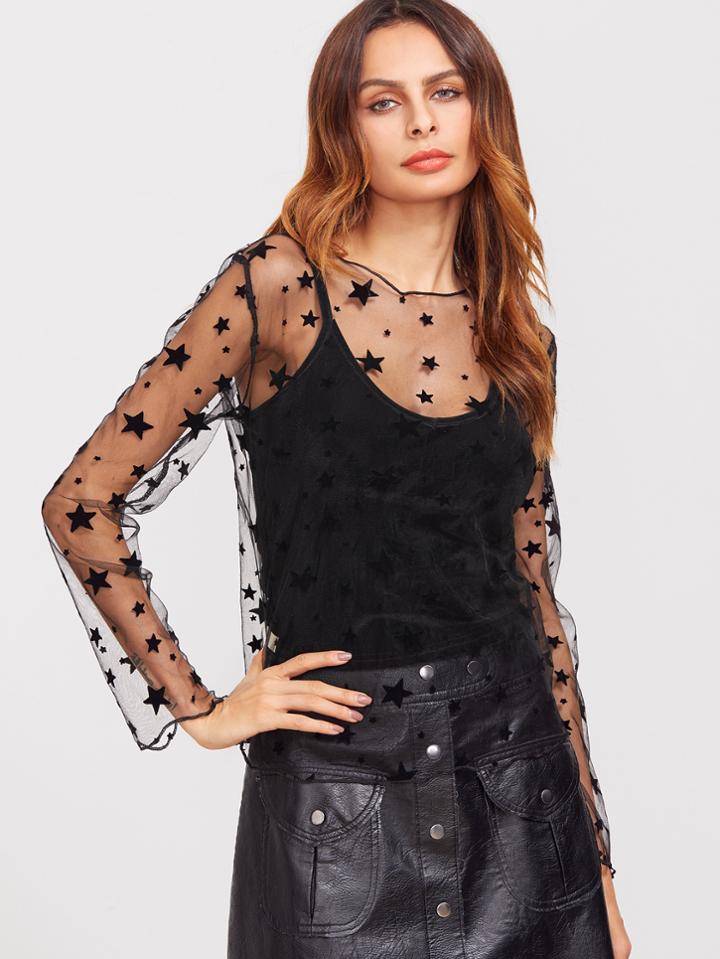 Romwe Black Stars Pattern Mesh Smock Top With Cami Top
