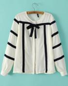 Romwe White Round Neck Striped Bow Loose Blouse