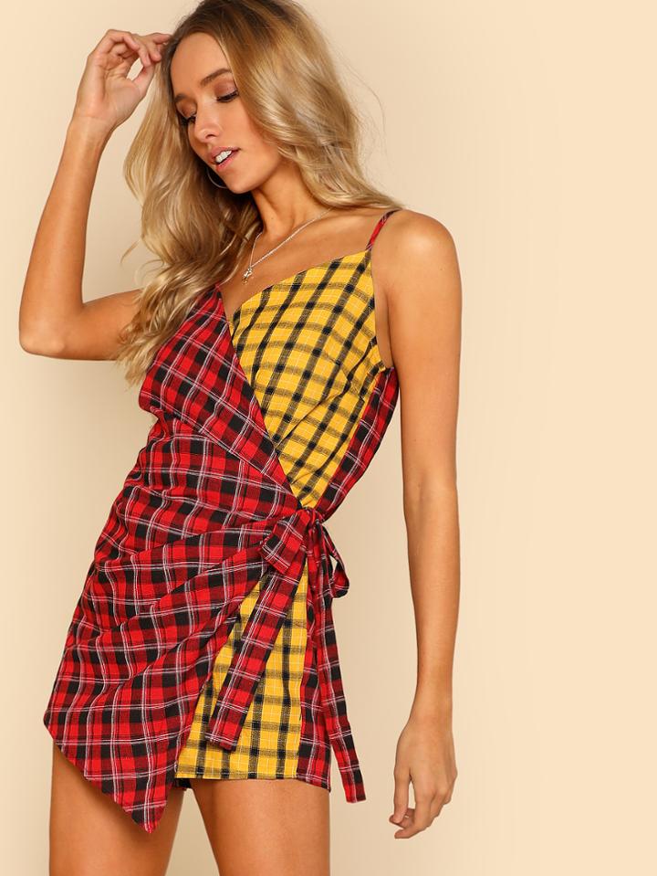 Romwe Two Tone Checked Wrap Cami Romper