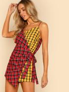 Romwe Two Tone Checked Wrap Cami Romper