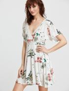 Romwe White Flower Print V Neck Dress With Zipper Back