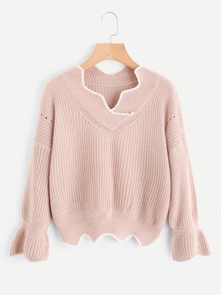 Romwe Fluted Sleeve V Neckline Scallop Trim Sweater