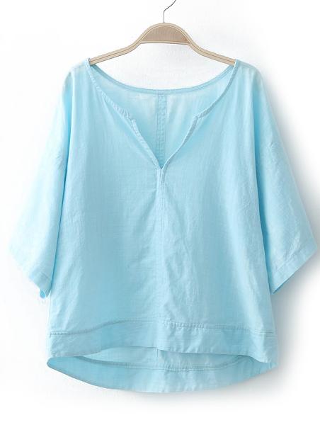 Romwe Dip Hem V Neck Blue Top