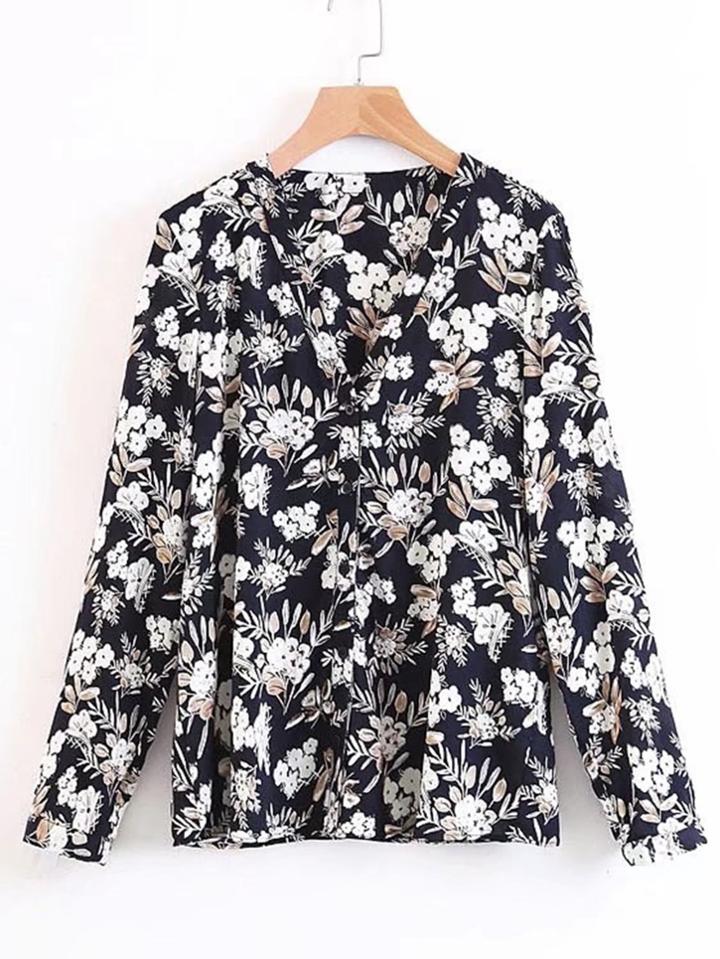 Romwe Calico Print V Neckline Button Up Blouse