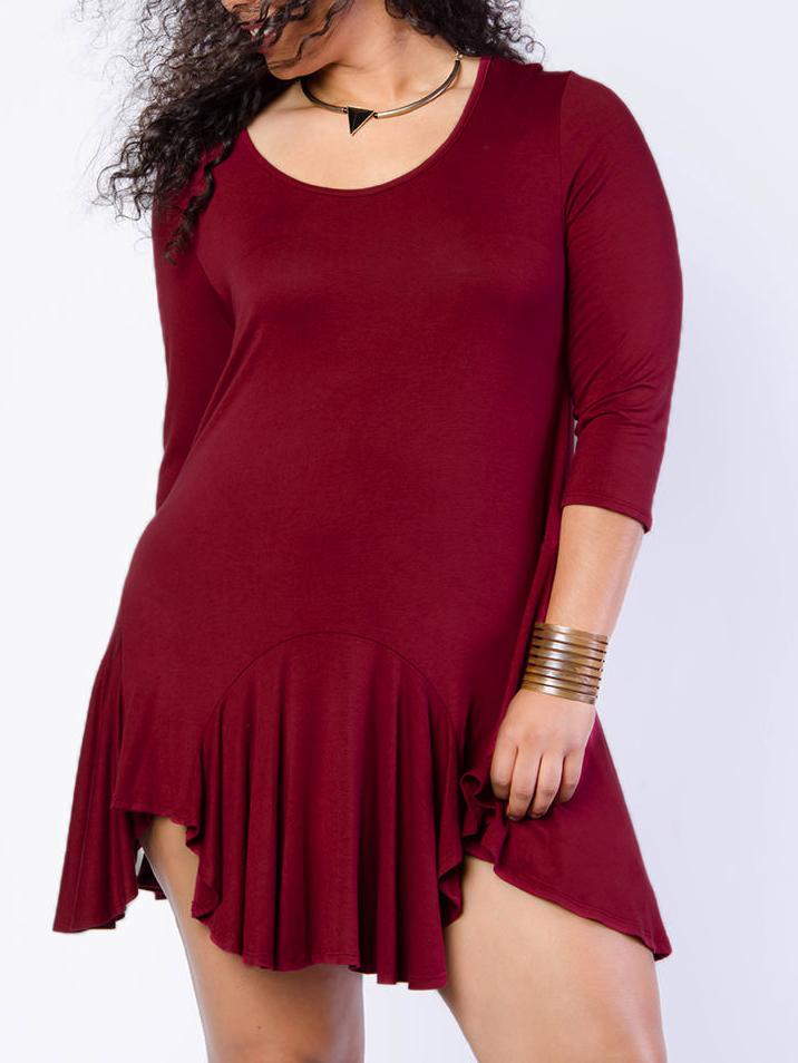 Romwe Round Neck Asymmetrical Pleated Burgundy Dress