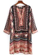 Romwe Red Tribal Print Buttoned Placket Tunic Dress