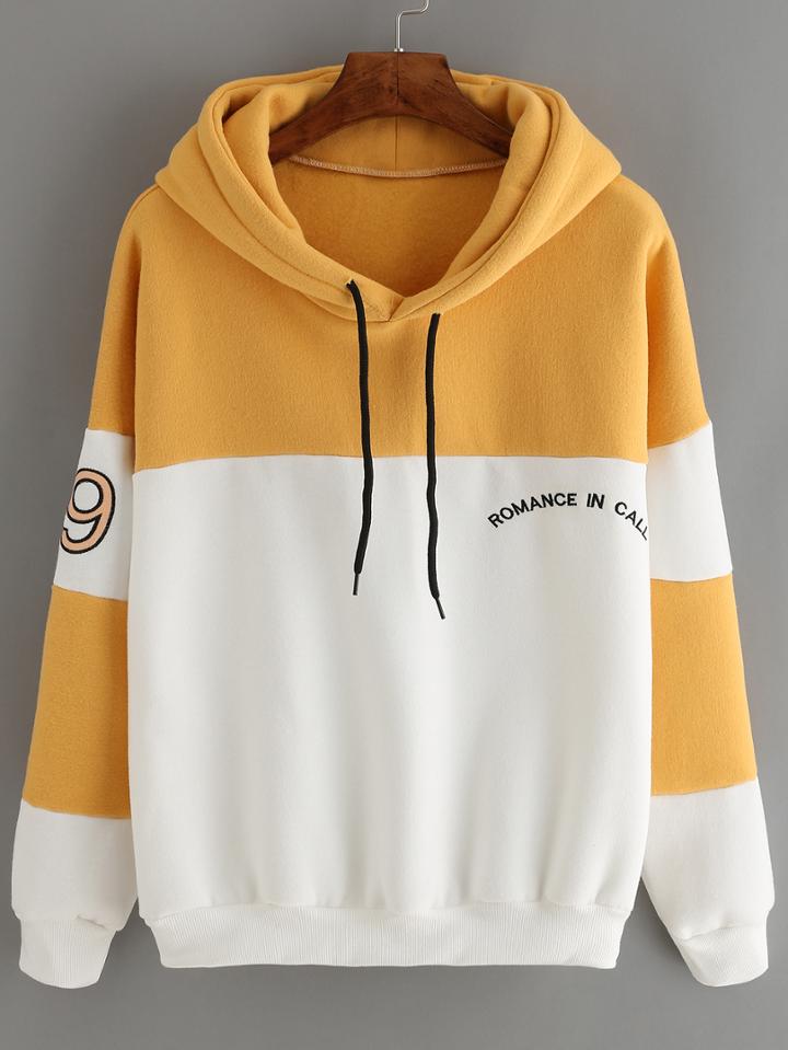 Romwe Color-block Letter Embroidered Sweatshirt With Drawstring