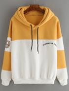 Romwe Color-block Letter Embroidered Sweatshirt With Drawstring