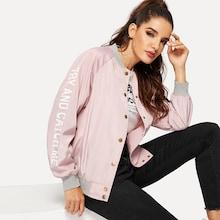 Romwe Button Up Raglan Sleeve Letter Bomber Jacket