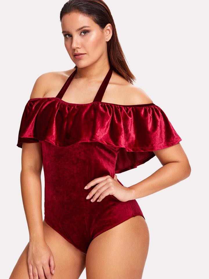 Romwe Flounce Velvet Swimsuit