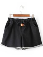 Romwe Black Roll Cuff Pockets Elastic Tie-waist Denim Shorts