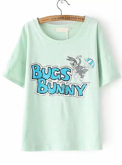 Romwe Rabbit Parachuting Print Green T-shirt