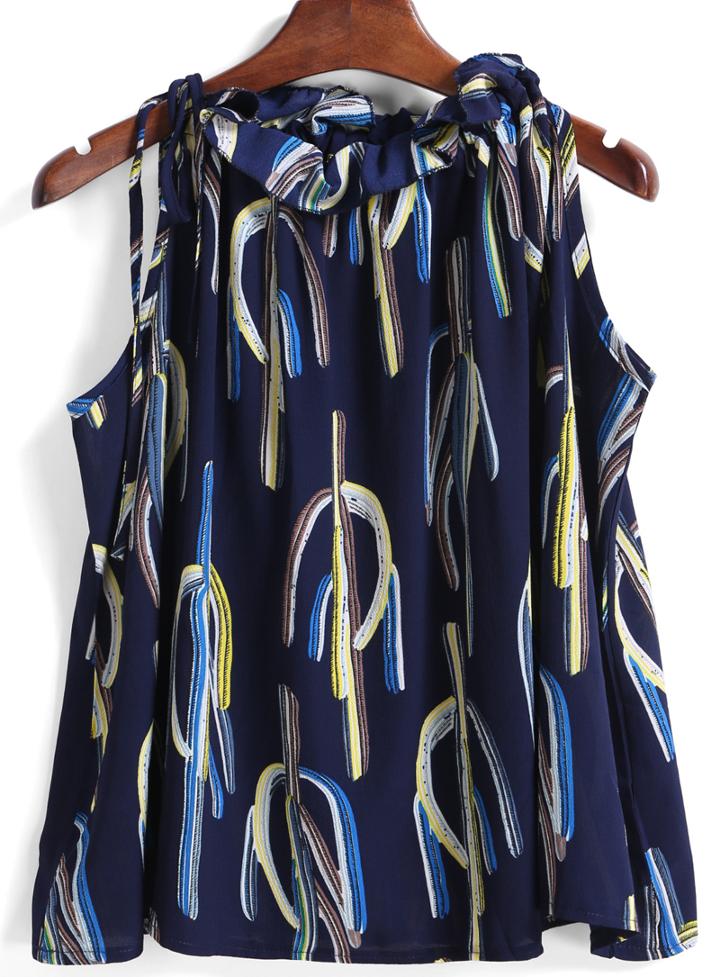 Romwe Fungus Collar Cactus Print Blue Tank Top