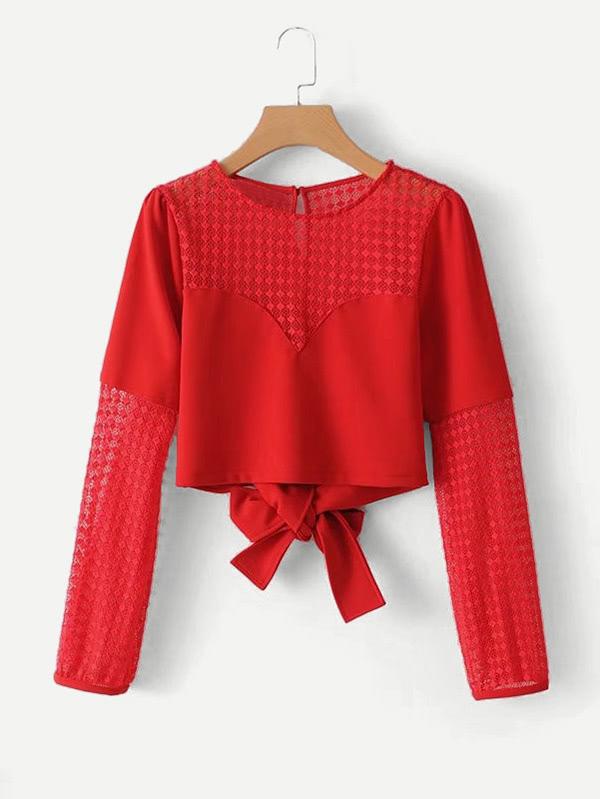 Romwe Guipure Lace Panel Knotted Back Top