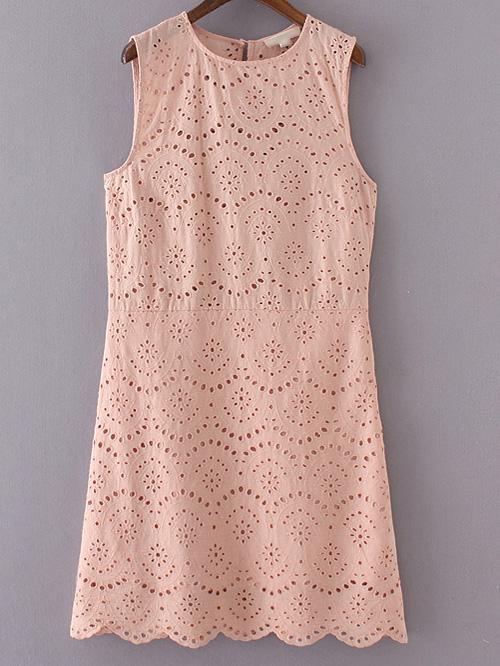 Romwe Pink Sleeveless Zipper Keyhole Back Embroidery Dress