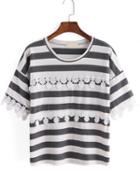 Romwe Striped Crochet Grey T-shirt