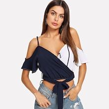 Romwe Striped Spliced Wrap Cold Shoulder Top