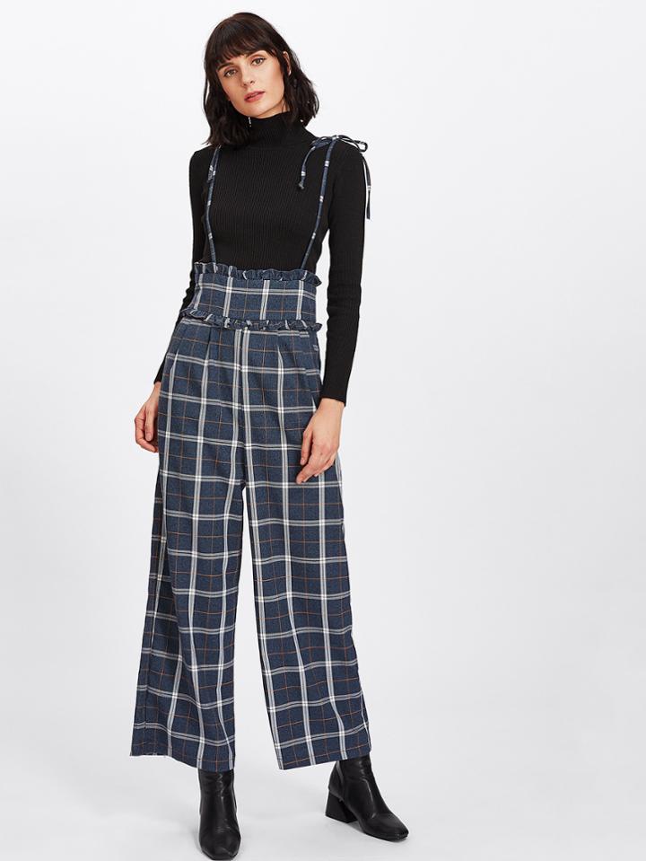 Romwe Frill Trim Plaid Pinafore Wide Leg Pants