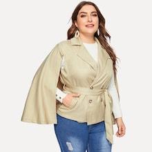 Romwe Plus Tie Waist Double Breasted Cape Coat