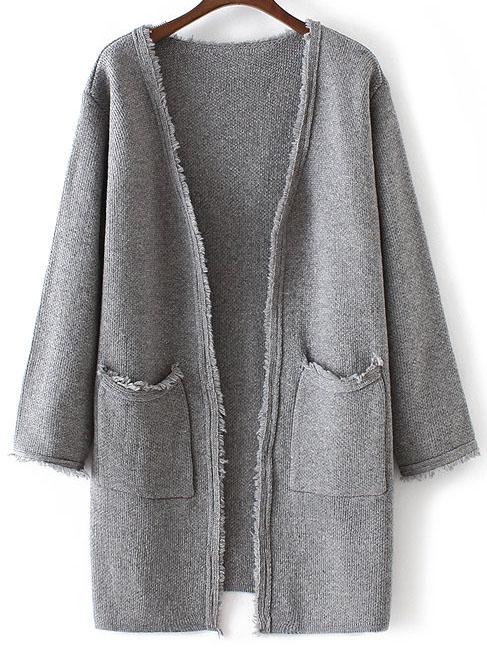 Romwe Grey Collarless Frayed Cardigan With Pockets