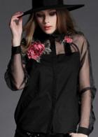 Romwe Sheer Mesh Embroidered Organza Black Blouse