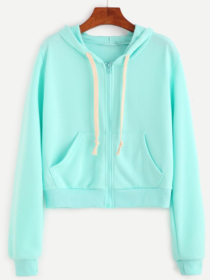 Romwe Drawstring Hooded Crop Zip Pocket Sweatshirt