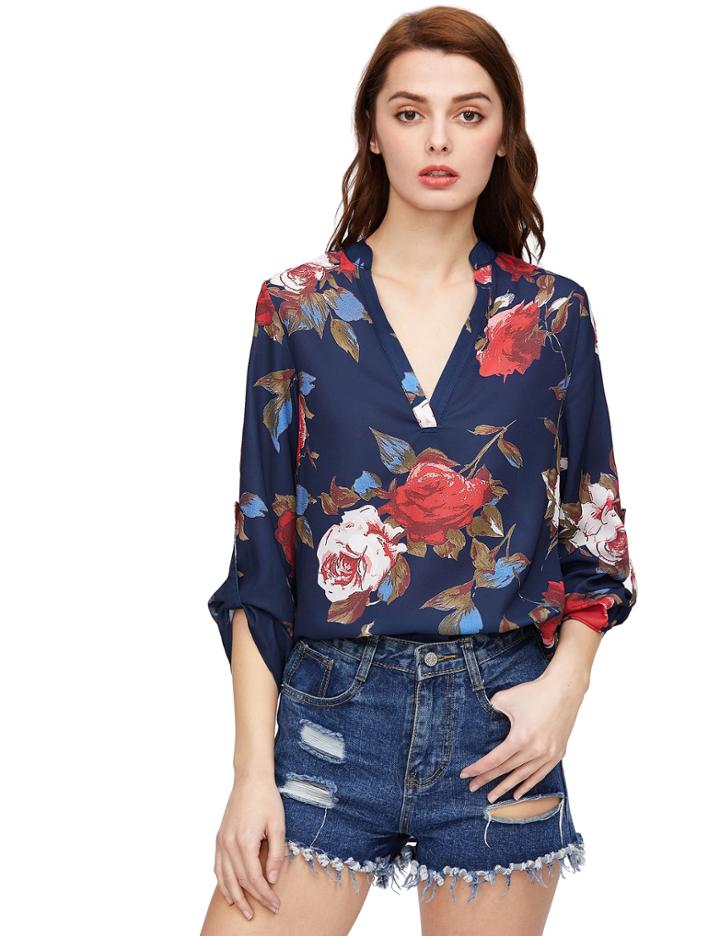 Romwe Royal Blue Long Sleeve Floral Print Blouse