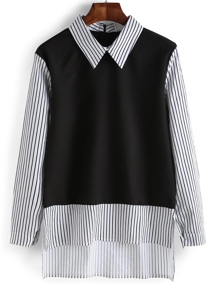 Romwe Dip Hem Contrast Vertical Striped Blouse