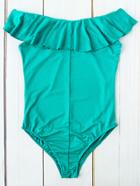 Romwe Turquoise Ruffle Detail One-piece Swimwear