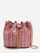 Romwe Pink Crocodile Embossed Faux Patent Leather Chain Bucket Bag