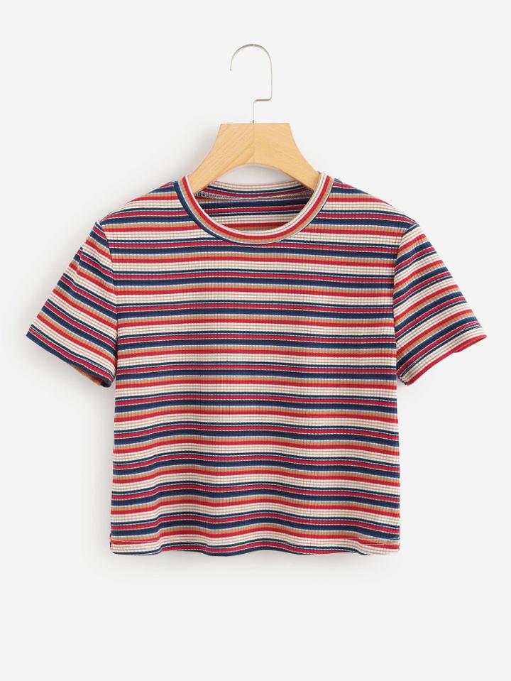 Romwe Striped Ribbed Knit Tee