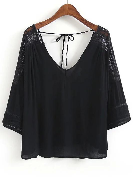Romwe V Neck Lace Insert Chiffon Black Shirt