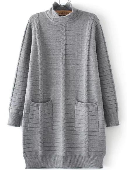 Romwe Turtleneck Cable Knit Grey Sweater Dress With Pockets