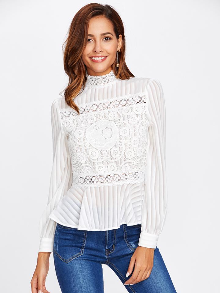 Romwe Lace Panel See Through Peplum Blouse
